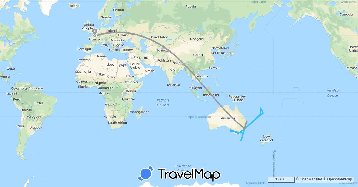 TravelMap itinerary: driving, plane, train, boat in Australia, France, Vietnam, Vanuatu (Asia, Europe, Oceania)